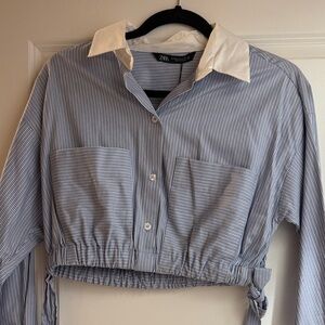 Zara Blue and White Striped Button-Up Top